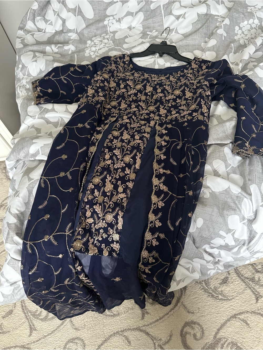 Women Navy and Gold Embroidered Party Dress
